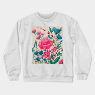 Floral Fun, Pink and Blue Abstract Flowers, Modern Flowers, Cottage Style, French Country Crewneck Sweatshirt